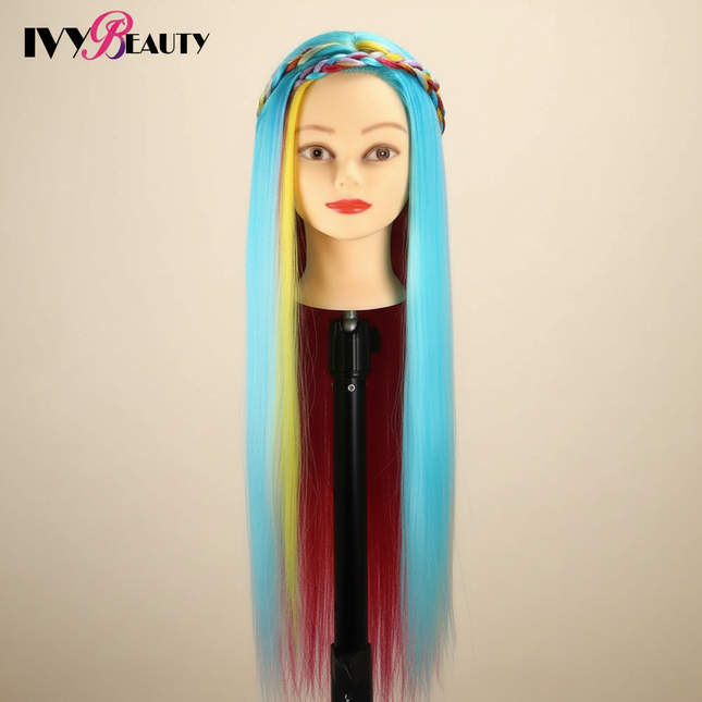 Hairdressing Doll Mannequin Head With Long Synthetic Fiber Hair 70Cm For Hairstyles Colorful Brading Dummy Doll Training Head