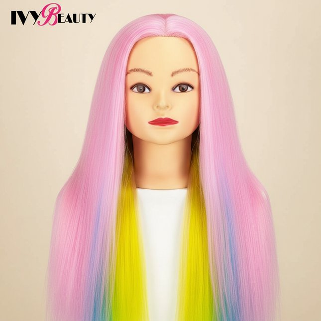 Hairdressing Doll Mannequin Head With Long Synthetic Fiber Hair 70Cm For Hairstyles Colorful Brading Dummy Doll Training Head