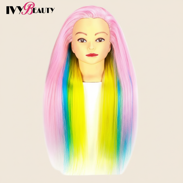 Cosmetology Mannequin Doll Head With Rainbow Color Hair For Braiding Hair Styling Training Hairart Hairdressing Salon Display