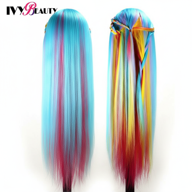 Hairdressing Doll Mannequin Head With Long Synthetic Fiber Hair 70Cm For Hairstyles Colorful Brading Dummy Doll Training Head - gallery 1