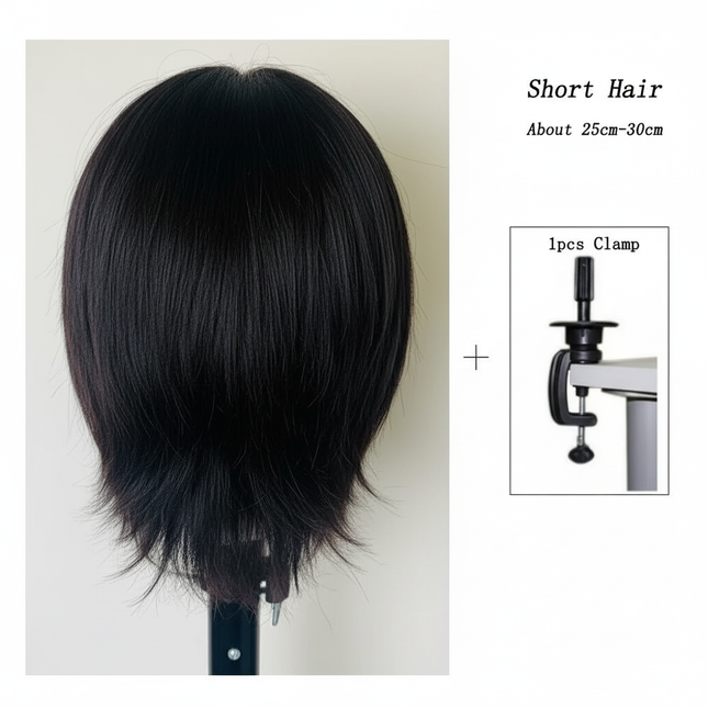 Short Black Human Hair Training Head for Professional Hairstyling Salon Hairdressing Mannequin Doll for Perm Bleaching Cutting - gallery 1