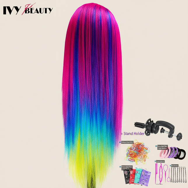 Cosmetology Mannequin Doll Head With Rainbow Color Hair For Braiding Hair Styling Training Hairart Hairdressing Salon Display - gallery 1