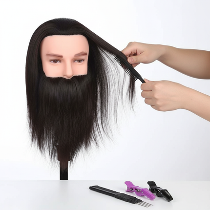 100% Human Hair Male Mannequin Head With Hair Beard Practice Manikin Hairdresser Cosmetology Training Doll Head For Hair Styling - gallery 2