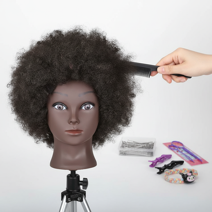 Afro Mannequin Heads With 100%Real Hair With Adjustable Tripod Hairdressing Dolls Training Head For Practice Styling Braiding - gallery 2