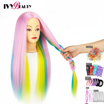 Hairdressing Doll Mannequin Head With Long Synthetic Fiber Hair 70Cm For Hairstyles Colorful Brading Dummy Doll Training Head - gallery 2