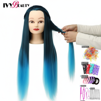 Hairdressing Doll Mannequin Head With Long Synthetic Fiber Hair 70Cm For Hairstyles Colorful Brading Dummy Doll Training Head - gallery 2