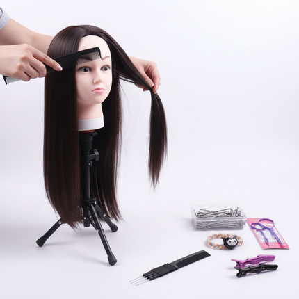 Long Hair Mannequin Head with Synthet Hair Hairdresser Practice Training Head Cosmetology Manikin Doll Head And Wig Stand Tripod - gallery 2