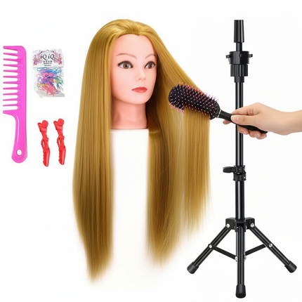 Mannequin Head 100% Synthetic Hair Hairdresser Training Head With Stand Manikin Cosmetology Doll Head For Braiding Styling - gallery 2