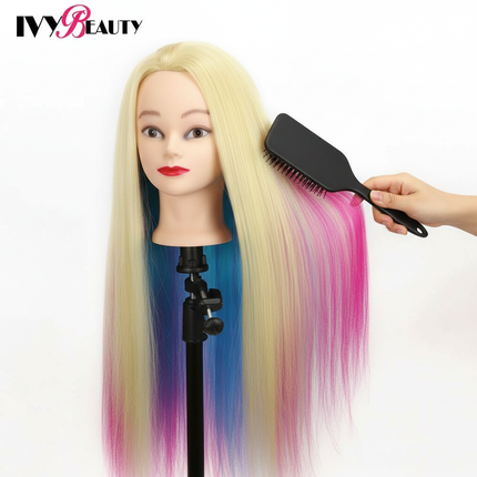 Hairdressing Doll Mannequin Head With Long Synthetic Fiber Hair 70Cm For Hairstyles Colorful Brading Dummy Doll Training Head - gallery 2