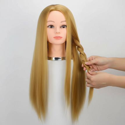 Mannequin Head 100% Synthetic Hair Hairdresser Training Head With Tripod Manikin Cosmetology Doll Head For Braiding Styling - gallery 2