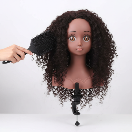 Kids Human Hair Mannequin Head With Table Clamp Training Head Kit Black Skin Afro Curly Hair Styling Doll Head For Training Hair - gallery 2