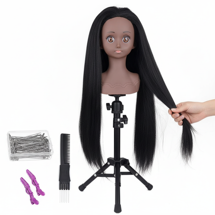 Headdoll Mannequin Head With 100% Real Hair for Cosmetology Manikin 14Inch Black Doll Head For Hairstyle Professional Training - gallery 2