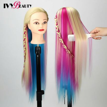 Hairdressing Doll Mannequin Head With Long Synthetic Fiber Hair 70Cm For Hairstyles Colorful Brading Dummy Doll Training Head - gallery 2
