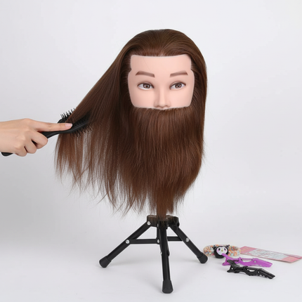 100% Human Hair Male Mannequin Head With Hair Beard Practice Manikin Hairdresser Cosmetology Training Doll Head For Hair Styling - gallery 2