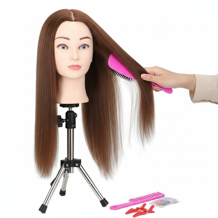 100% Real Human Hair Mannequin Head 22” Cosmetology Doll Head to Practice Hairstyles Manikin Head And Individual Tripod Stand - gallery 2