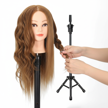 100% Real Human Hair Mannequin Head 22-24” Cosmetology Doll Head to Practice Hairstyles Manikin Head And Individual Tripod Stand - gallery 2