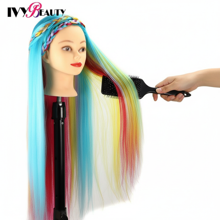 Hairdressing Doll Mannequin Head With Long Synthetic Fiber Hair 70Cm For Hairstyles Colorful Brading Dummy Doll Training Head - gallery 2