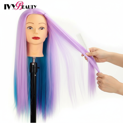 Hairdressing Doll Mannequin Head With Long Synthetic Fiber Hair 70Cm For Hairstyles Colorful Brading Dummy Doll Training Head - gallery 2