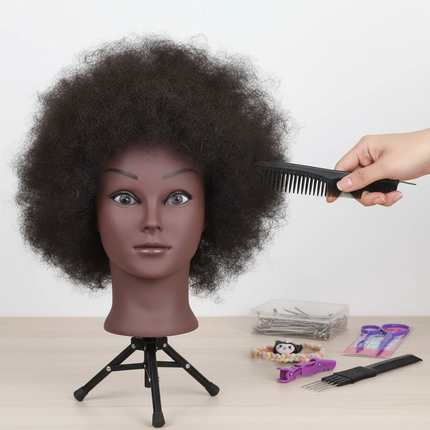 Afro Mannequin Head 8inches 100% Human Hair Traininghead Styling Head Braid Hair Dolls Head for Practicing Cornrows and Braids - gallery 2