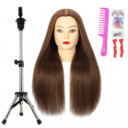 100% Real Human Hair Mannequin Head 22” Cosmetology Doll Head to Practice Hairstyles Manikin Head And Individual Tripod Stand - gallery 3